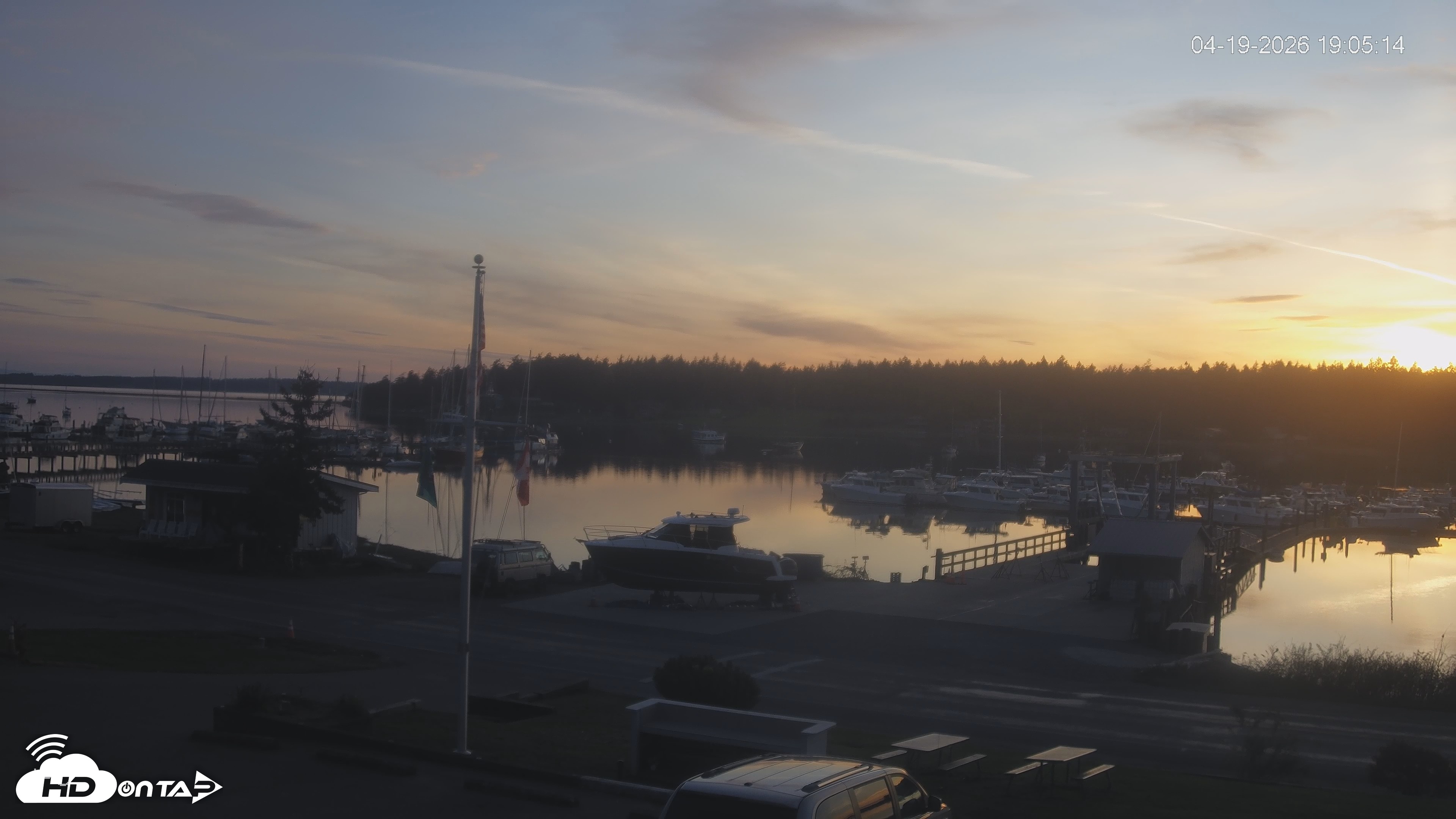 Snapshot of Lopez Island Marina Live Webcam taken Apr 19, 2026, 8:05pm PDT