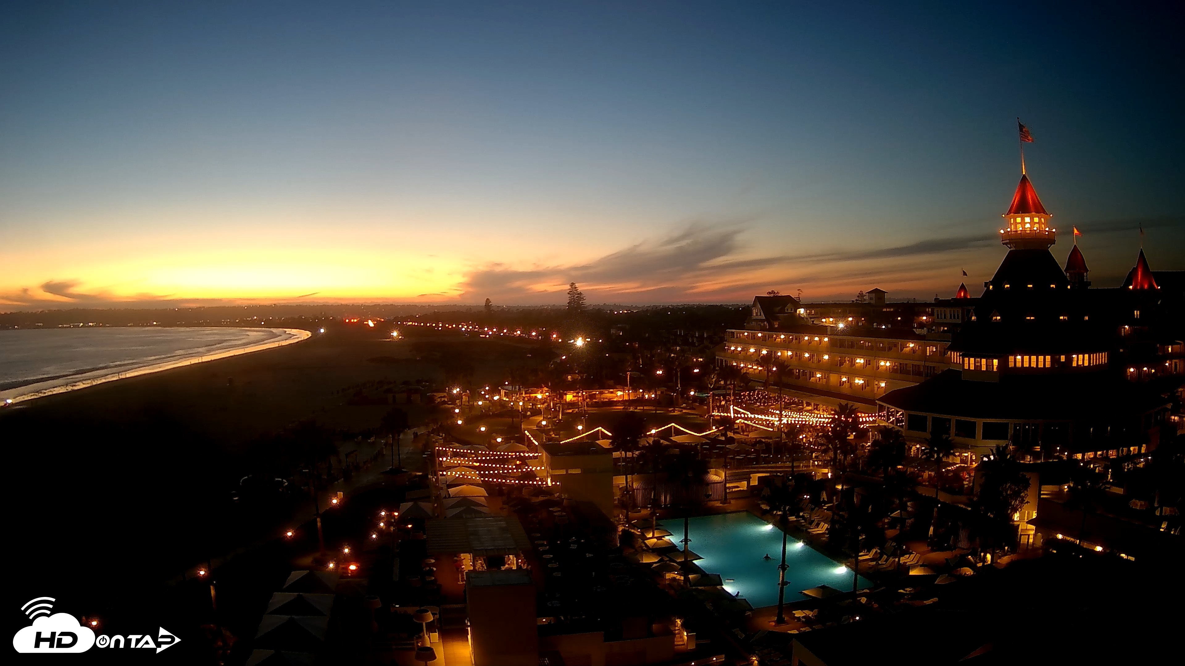 Snapshot of Hotel Del Coronado 4K Fixed Live Cam taken Aug 16, 2026, 7:59pm PDT
