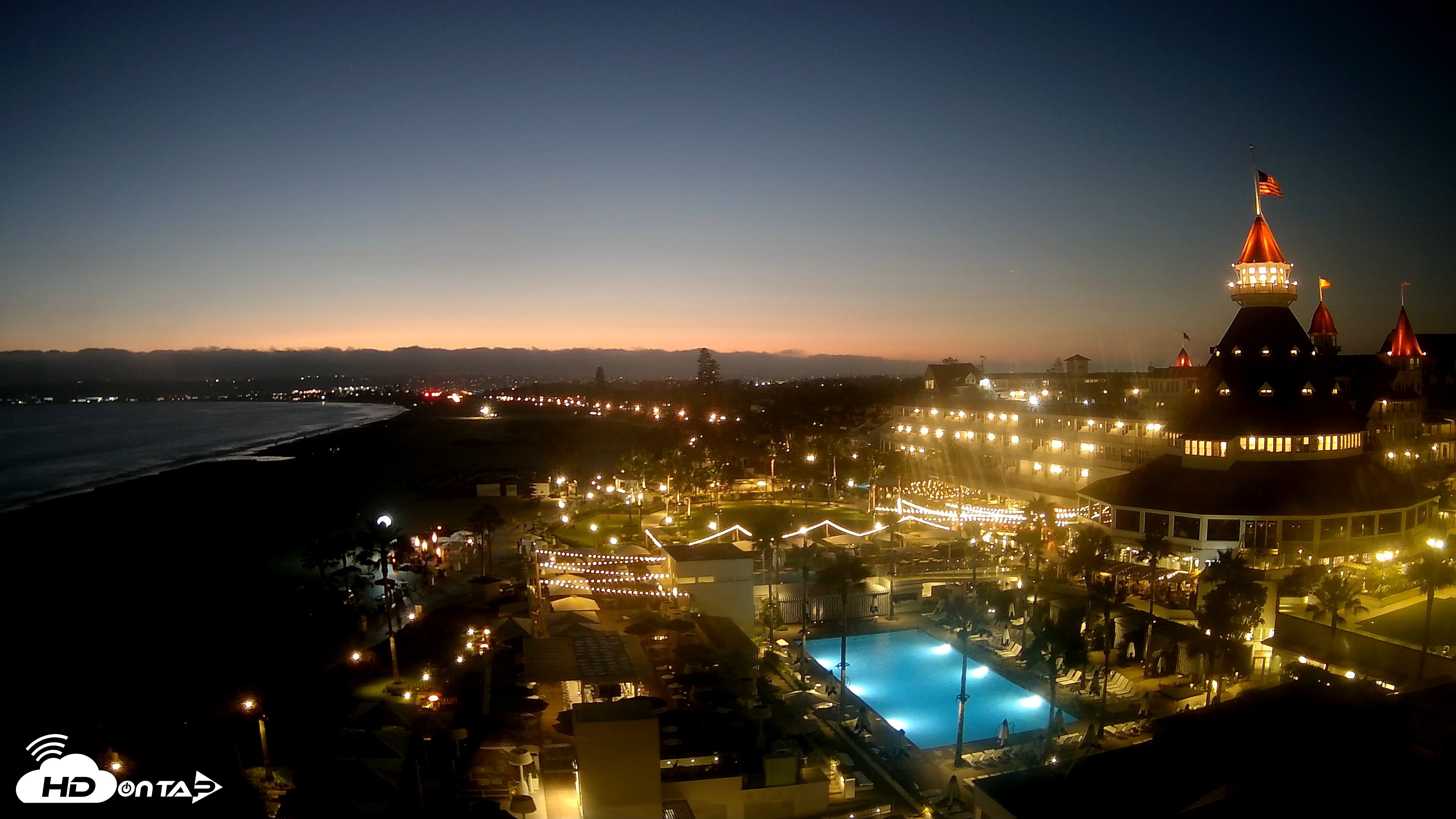 Snapshot of Hotel Del Coronado 4K Fixed Live Cam taken Jul 14, 2026, 8:36pm PDT
