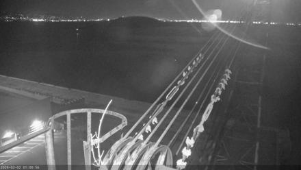Osprey perched in its nest above San Francisco Bay with water and skyline beyond