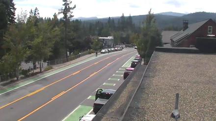 PTZ view from Cobblestone Center in Tahoe City, showing east and west traffic and the parking lot near North Lake Tahoe.