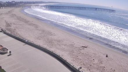 Live view of the Ventura Promenade, beach, waves, surfers, and Ventura Pier from above the shoreline.