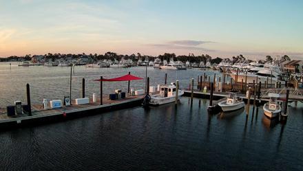 Marina docks and moored boats under a clear sky at Point South Bay Point Marina in Florida