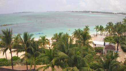 PTZ view over Baha Mar resort, white sand beach and turquoise Goodman Bay in Nassau, New Providence, The Bahamas.