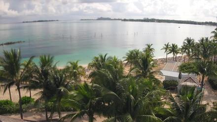 PTZ view over Baha Mar resort, white sand beach and turquoise Goodman Bay in Nassau, New Providence, The Bahamas.